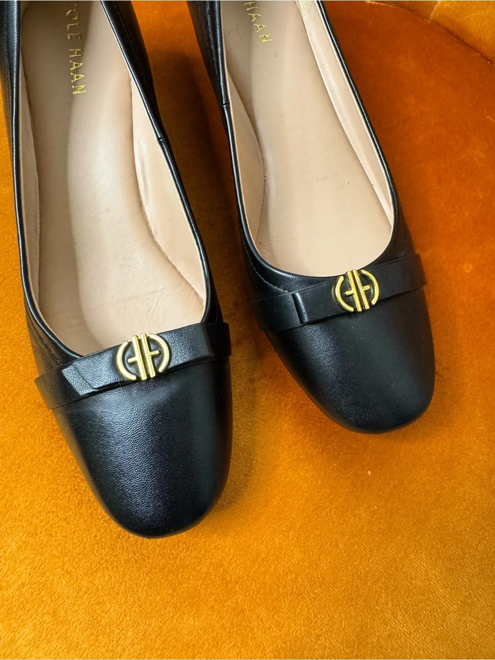 New Cole Haan Malta Bow  Black Wedge Pump with Gold Accent